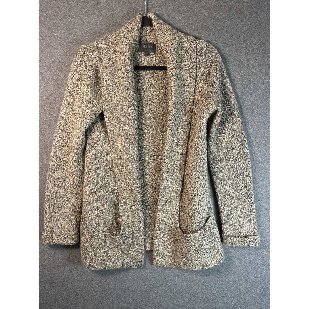 Mary Made in Italy Wool Blend Open Front Cardigan Grey Marled Knit Pockets Med